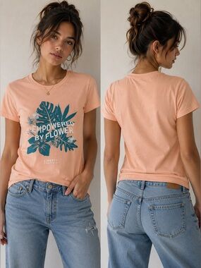 Coral Tee with Teal Botanical Graphic
